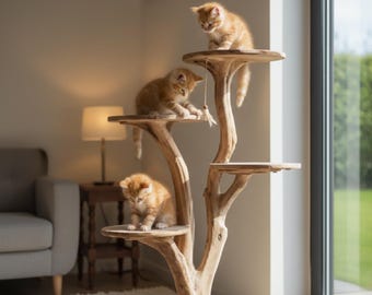 Krabpaal van natuurlijk hout, moderne kattentoren van drijfhout, appartement met echte takkat, luxe kattenmeubels, unieke houten kattenkrabber