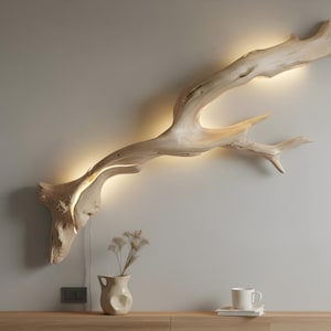 Duży kinkiet LED z gałęziami drewna dryfującego, organiczna, podświetlana rzeźba z drewna, ręcznie wykonana, pływająca sztuka przyrodnicza, wyjątkowa rustykalna, nowoczesna dekoracja ścienna