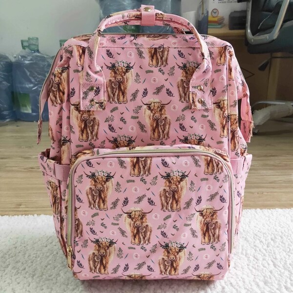 Pink Highland Cow Print Diaper Bag Backpack