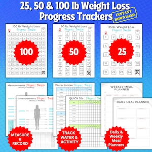 Monitor de pérdida de peso de 25 lb, 50 lb y 100 lb, monitor de medidas corporales, monitor de ejercicio, monitor de consumo de agua y planificador de comidas (descarga en PDF)