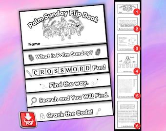 Może przedstawiać: Czarno-biała książeczka Palm Sunday Flip Book z ilustracjami i aktywnościami. Okładka przedstawia rysunek Jezusa na osiołku. W środku znajdują się strony z tekstem i łamigłówkami, w tym krzyżówka i wyszukiwanie słów.