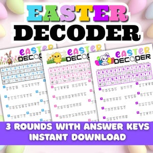 Puede incluir: Tres hojas de descifrado con temática de Pascua con el texto "EASTER DECODER" en la parte superior. Cada hoja presenta un personaje de Pascua diferente y una actividad de descifrado. El banner inferior dice "3 ROUNDS WITH ANSWER KEYS INSTANT DOWNLOAD".