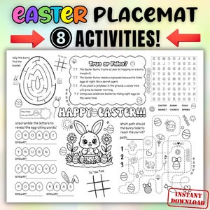 May include: Easter-themed placemat with eight activities, including a maze, word search, and true or false questions. Features a cute bunny illustration and the text "Happy Easter!!!" Includes an "Instant Download" stamp.