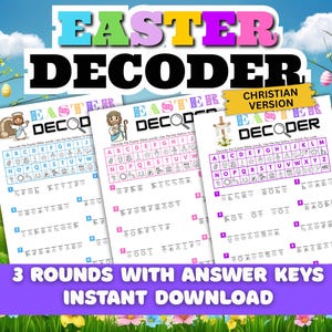 Puede incluir: Juego de descifrado con temática de Pascua con el texto "Easter Decoder" en letras coloridas. La imagen muestra tres hojas con rompecabezas, claves de respuesta y las palabras "3 Rounds with Answer Keys Instant Download". El fondo presenta huevos de Pascua y un paisaje primaveral.