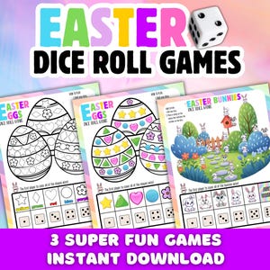Puede incluir: Juegos de dados con temática de Pascua. La imagen presenta tres hojas de juego con diseños de huevos y conejos de Pascua, junto con un dado. El texto incluye "Easter Dice Roll Games" y "3 Super Fun Games Instant Download."