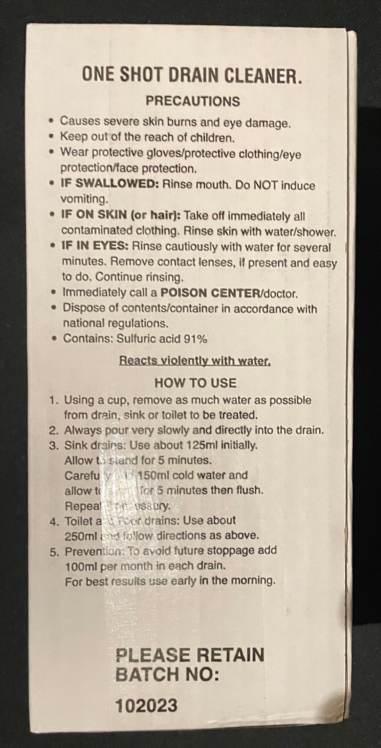 One Shot Instant Drain Cleaner Highly Concentrated S Acid Chemical 1L