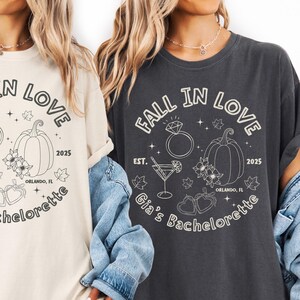 Personalized fall bachelorette shirt for bride with pumpkin, floral and heart accents, perfect for autumn wedding parties and bridal showers.
