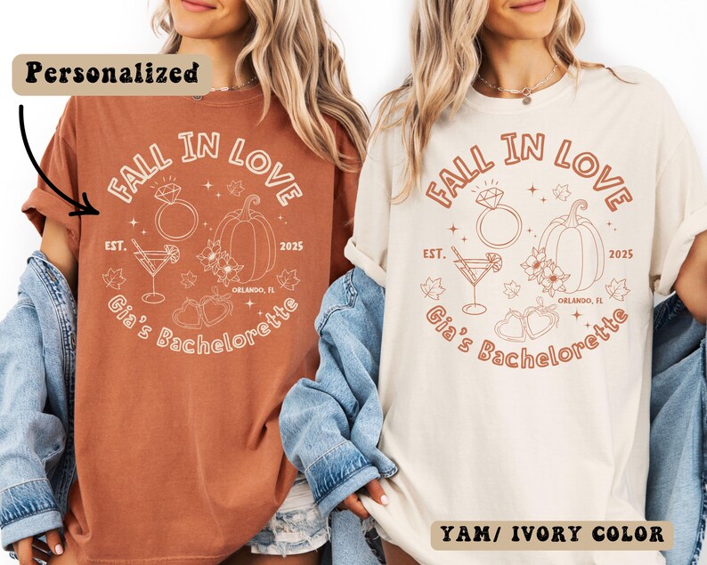 Matching fall bachelorette shirts in contrasting colors for bride and bridesmaids, with pumpkins, flowers, hearts, and engagement ring design.