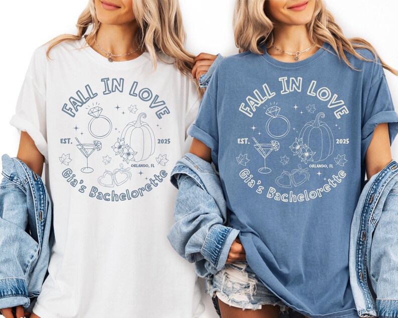 Bride and maid of honor in contrasting fall bachelorette shirts with personalized floral pumpkin design, ideal for autumn wedding parties.
