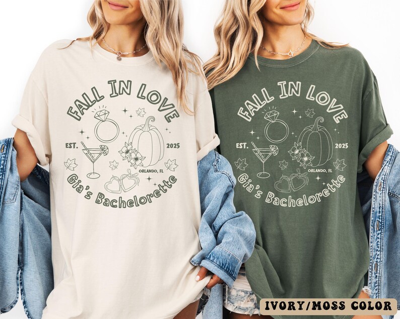 Bride tribe wearing matching fall bachelorette shirts with pumpkins, flowers, autumn leaves, and heart illustrations, perfect for rustic weddings.