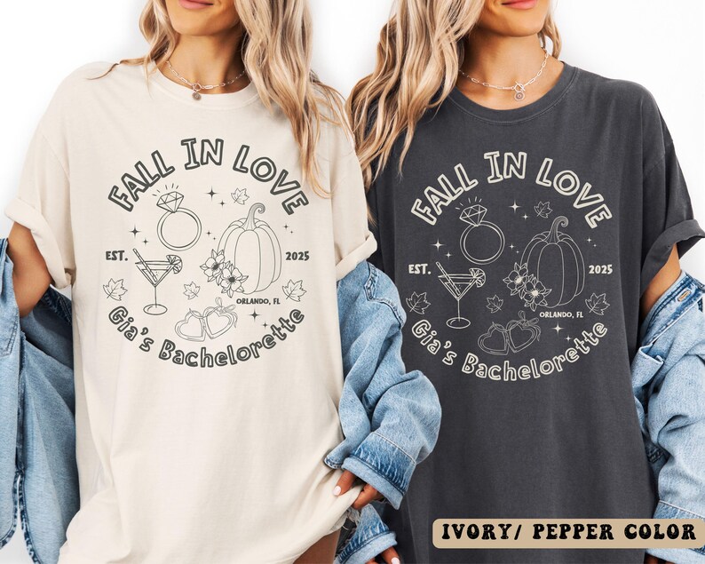Personalized fall bachelorette shirt for bride with pumpkin, floral and heart accents, perfect for autumn wedding parties and bridal showers.