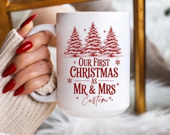 Our First Christmas as Mr and Mrs Mug, Personalized First Christmas Mug, Newlywed Couple Gift, Custom Last Name Mug, Wedding Gift