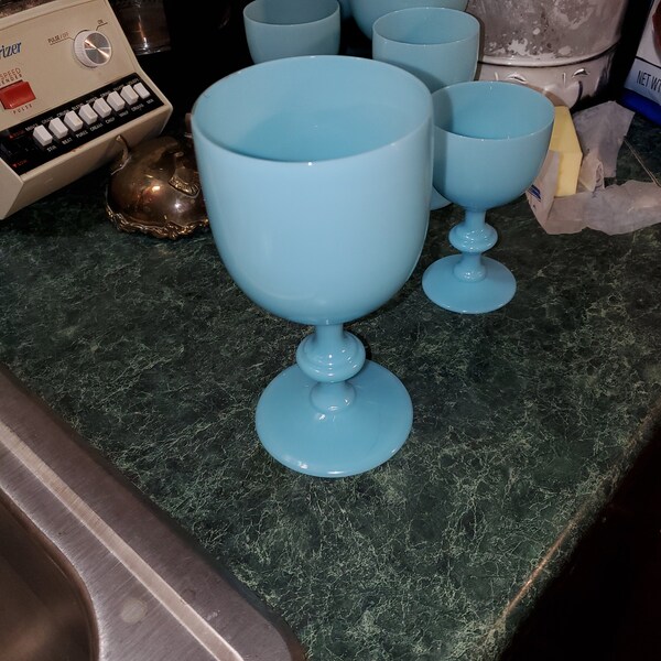 Antique Portieux Vallerysthal blue milk glass water goblet