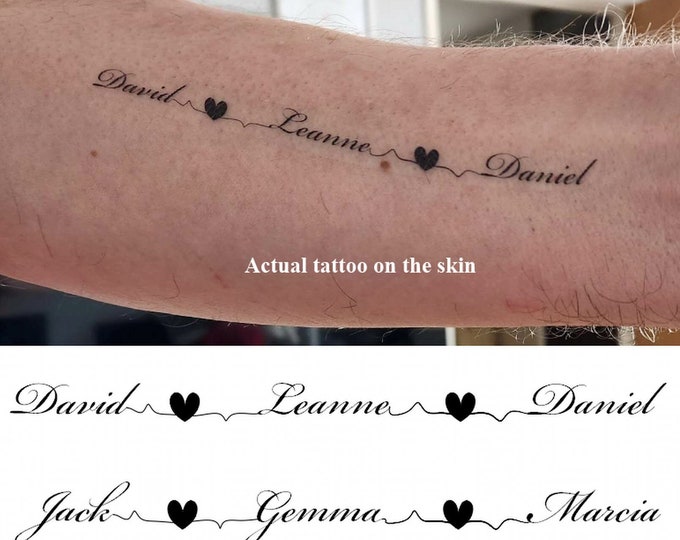 3x Small Heart Pulse Family, Children's, Love Forever Name Tattoos