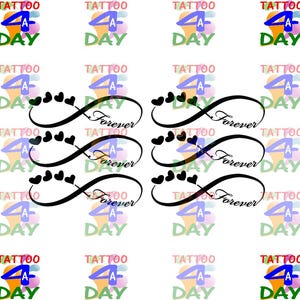 May include: Four infinity symbols with the word "Forever" written inside each symbol. Each infinity symbol is decorated with a row of small hearts.