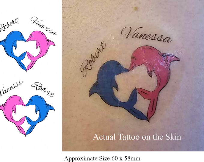 2x Personalised Twin Dolphin Heart shape Tattoo