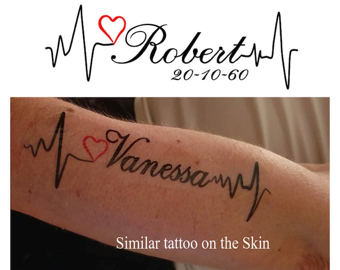 Personalised Forearm Heart Pulse Name and Date Temporary Tattoo