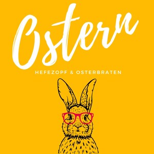 Könnte beinhalten: Ein Buchcover mit einem leuchtend gelben Hintergrund. Das Wort "Ostern" ist in großer weißer Schrift geschrieben. Darunter befindet sich eine Schwarz-Weiß-Illustration eines Hasen mit roter Brille. Der Text "VEGANE REZEPTE ZUM OSTERFEST" steht oben.
