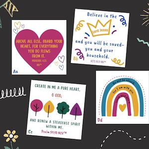 Puede incluir: Cuatro tarjetas coloridas con citas inspiradoras y versículos bíblicos. Las tarjetas presentan un corazón, una corona, árboles y un arcoíris.