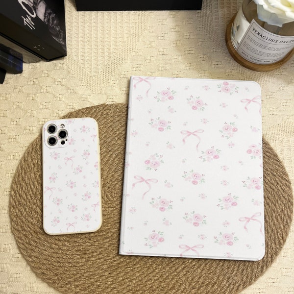 Pink Floral Bow Cases for iPad & iPhone 15 14 Pro Max Plus 13 12 Mini Cover iPad 10.9 10.5 10.2" iPad 10/9/8/7th, Air 5/4, Pro 12.9/11" inch