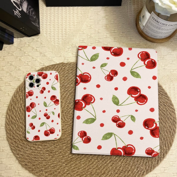 Cherry Pattern Case for iPad & iPhone 15 14 Pro Max Plus 13 12 Mini Cover for iPad 10.9 10.5 10.2" iPad 10/9/8/7th, Air 5/4, Pro 12.9/11inch