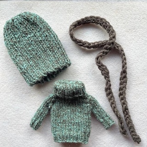 Hand-knit Teal and Dark Taupe Sweater, Hat, and Dark Taupe Scarf
