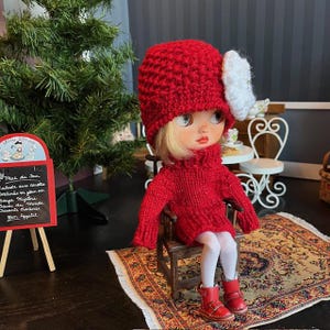 Hand-knit Red Sparkle Sweater and Hat with Removable White Rosette and Scarf Set for Blythe Doll