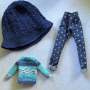 Blue Striped Sweater, Hat, and Polka Dot Jeans Outfit for Blythe Dolls