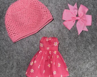 Handmade Pink Hat with Detachable Bow and Coordinating Pink Floral Dress Outfit for Blythe Dolls