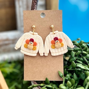 Ivory Turkey Sweater Sweatshirt Polymer Clay Fall Earrings 1.75” long & 1.5” wide