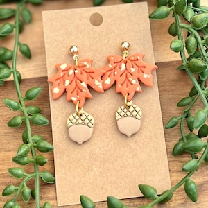 Handmade Fall Leaf / Acorn Polymer Clay Earrings (hypoallergenic) Pumpkin / Latte