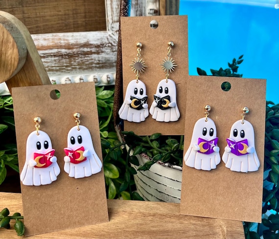Handmade Halloween Bookish Ghost Earrings: Fall Earrings / Cute Clay Ghost Earrings