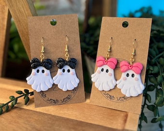 Handmade Polymer Clay Halloween Ghost with Bow Earrings