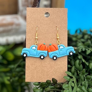 Handmade Polymer Clay Fall Earrings / Vintage Blue Truck Earrings / Pumpkin Earrings / Fall Gifts