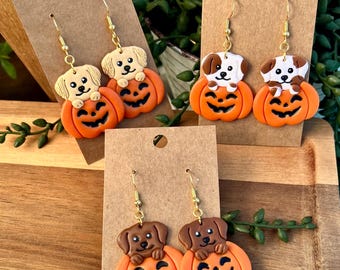 Boucles d'oreilles d'Halloween faites main en pâte polymère : chien citrouille Summerween