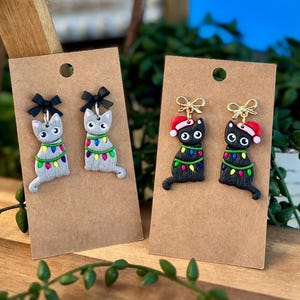 Handmade Christmas Cat Earrings: Polymer Clay Cat Jewelry / Black Christmas Cat Earrings / Gray Cat Earrings