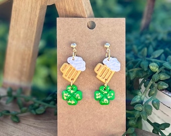 Handmade St Patrick's Day Clay Earrings: Beer & 4 Leaf Clover