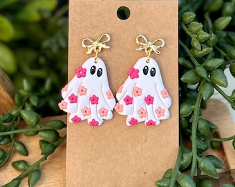 Cute Ghost Halloween Earrings / Polymer Clay Earrings / Fall Earrings / Clay Ghost Earrings/ Gift Idea / Summerween / Floral Ghost / Bow