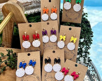 Handmade Volleyball Earrings: Polymer Clay Sports Jewelry with Bow