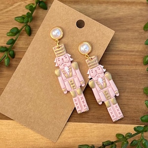 Handmade Pink Nutcracker Earrings: Christmas Polymer Clay Jewelry