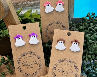 Handmade Clay Ghost Stud Earrings: Halloween Cowboy Cowgirl Stainless Steel Jewelry
