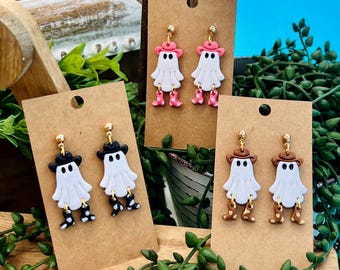 Cowboy Ghost Earrings: Handmade Polymer Clay Halloween Jewelry