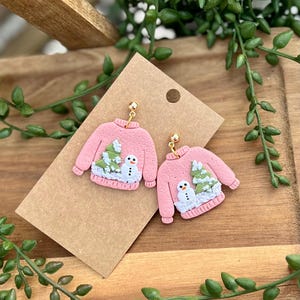 Pink Christmas Cozy Sweater Dangles: Snowman Polymer Clay Winter Earrings