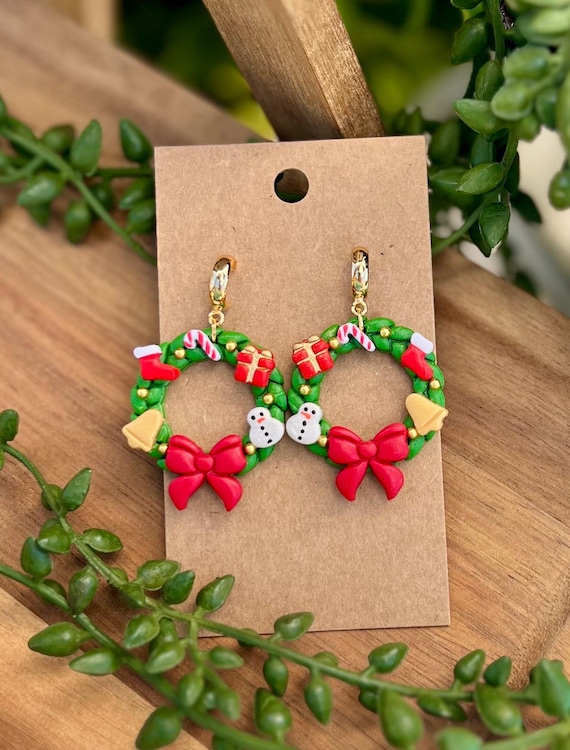 Handmade Christmas Wreath Earrings: Polymer Clay Holiday Colorful Earrings