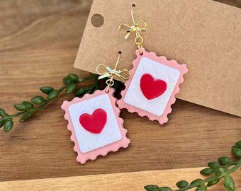 Handmade Love Letter / Valentines Day / Stamp / Hypoallergenic / Bow / Polymer Clay Earrings