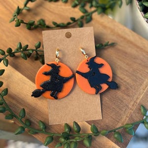 Handmade Clay Halloween Earrings: Witch Moon Design