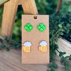 Handmade St Patrick's Day Stud Earrings: Clover & Beer Clay Earrings