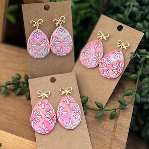 Handmade Easter Egg Flower Polymer Clay Earrings with Bow