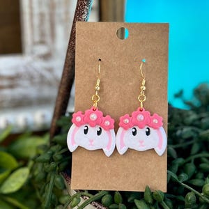 Handmade Floral Easter Bunny Earrings: Polymer Clay Hypoallergenic Jewelry