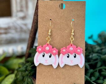Handmade Floral Easter Bunny Earrings: Polymer Clay Hypoallergenic Jewelry